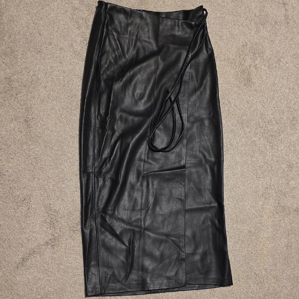 stradivarius Black Faux Leather Wrap Pencil Skirt